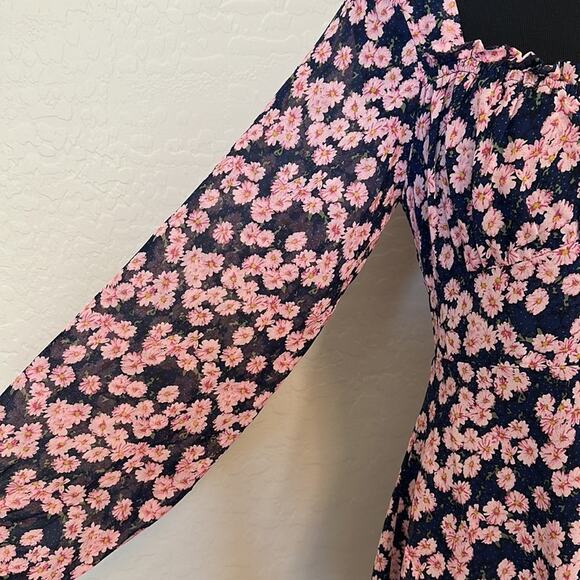 Lush Ditsy Floral Print Tie Front Puff Long Sleeve Minidress Blue Pink NEW Sz M - Picture 8 of 15